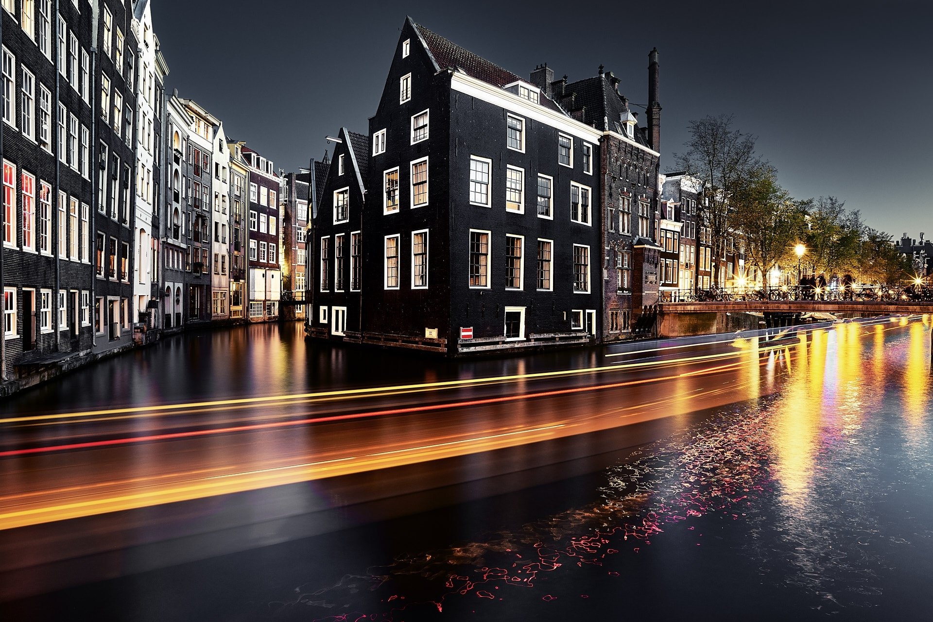 Download Netherlands Canal House Building Time Lapse Night City Man Made Amsterdam Hd Wallpaper