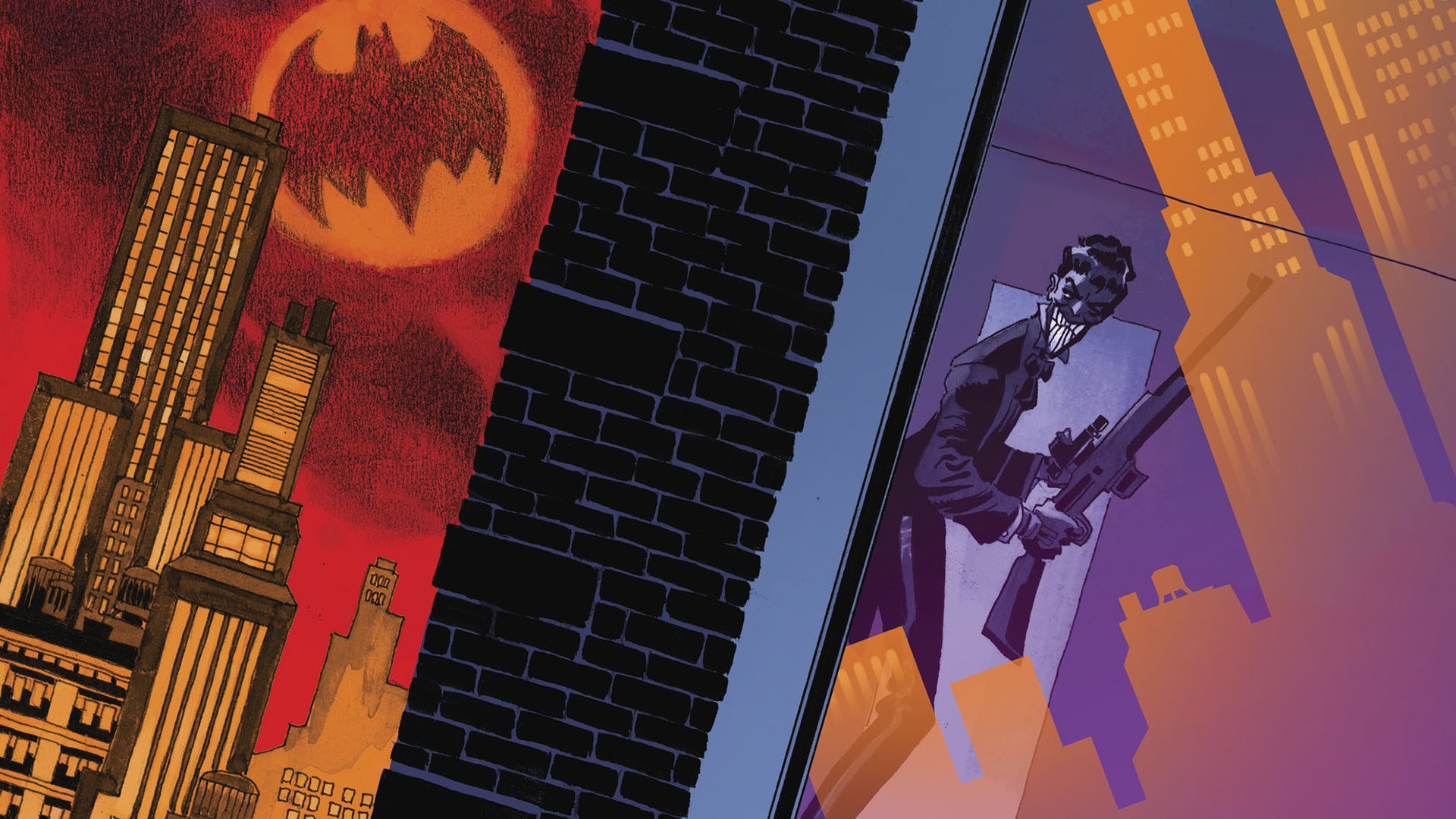 HD PC desktop wallpaper featuring a comic-style cityscape with the Bat-Signal illuminating the sky and the Joker lurking ominously in the shadows.