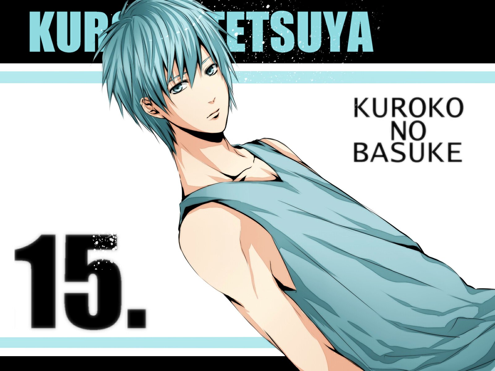 HD desktop wallpaper featuring Tetsuya Kuroko from the anime Kuroko's Basketball, showcasing his blue hair and basketball attire, with the number 15 and text Kuroko no Basuke displayed.
