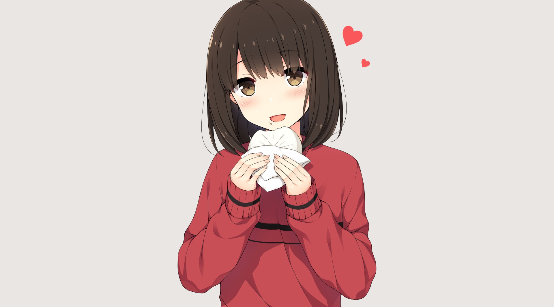 HD PC desktop wallpaper featuring Megumi Katō from the anime Saekano: How to Raise a Boring Girlfriend, smiling softly with hearts nearby on a light background.