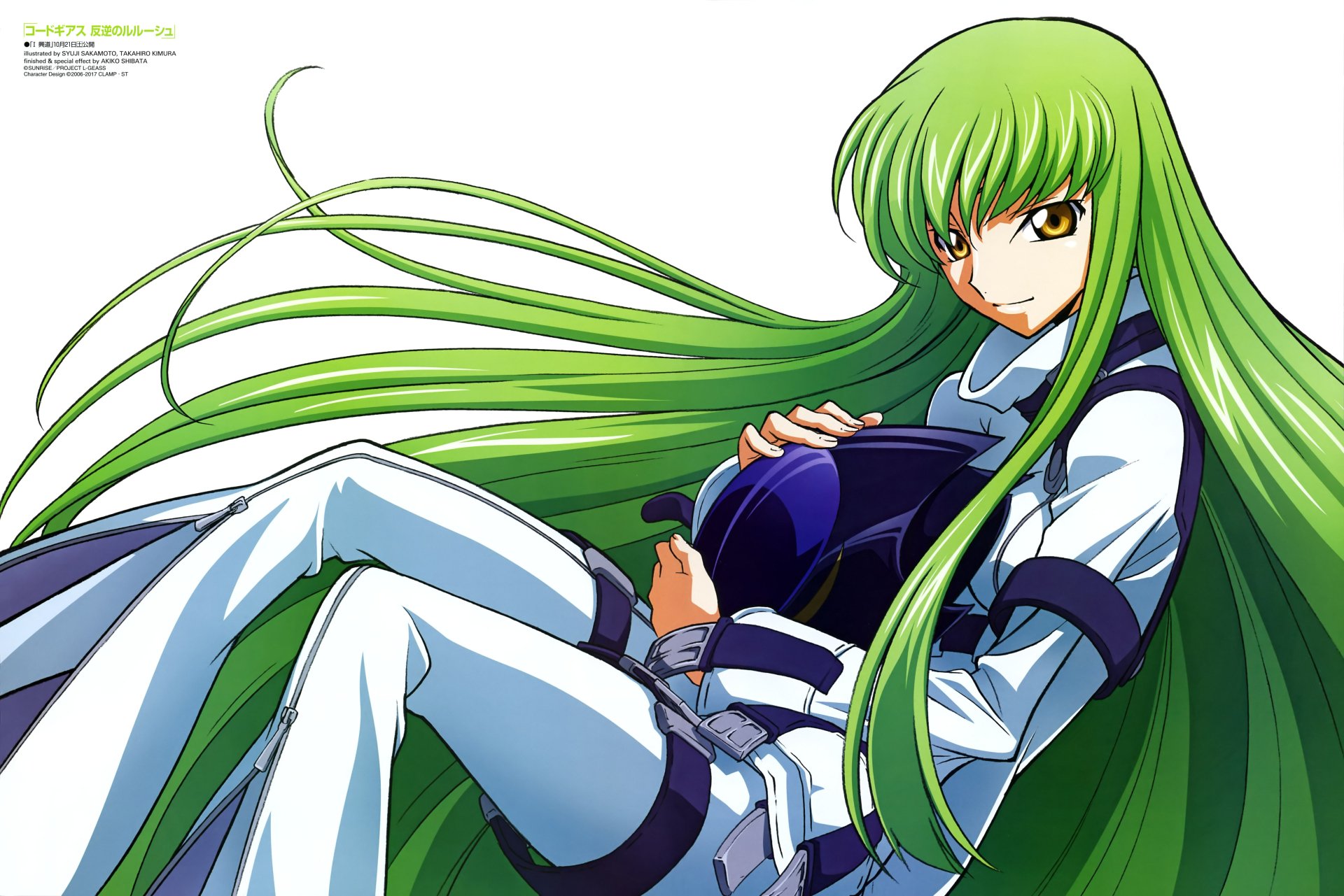 C.C. from Code Geass with long green hair and intense yellow eyes, depicted in anime style on a 4K Ultra HD PC desktop wallpaper and background.