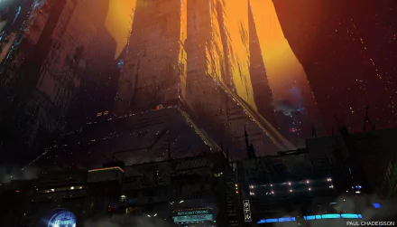 Futuristic skyscraper under a glowing orange sky, inspired by Blade Runner 2049. Dark, atmospheric cityscape with neon lights below, captured in an HD desktop wallpaper and background.