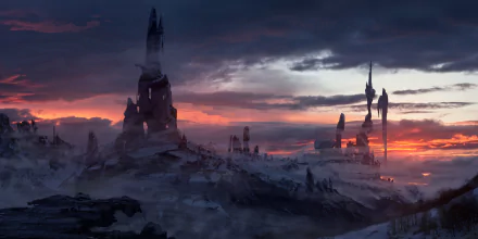 A fantasy winter landscape with towering mountain spires under a dramatic sunrise sky filled with clouds, rendered as an HD PC desktop wallpaper background.