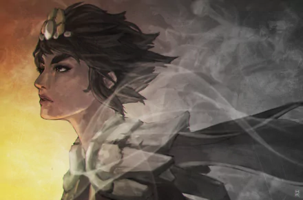 Portrait of Taliyah (League of Legends) with short hair and wind-swept cloak, stylized 2K Quad HD PC desktop wallpaper from the video game.