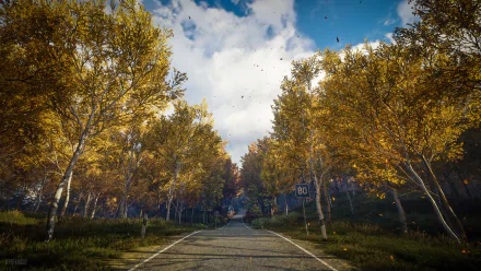 4K Ultra HD nature scene from theHunter: Call of The Wild video game, featuring a tree-lined road under a partly cloudy sky.