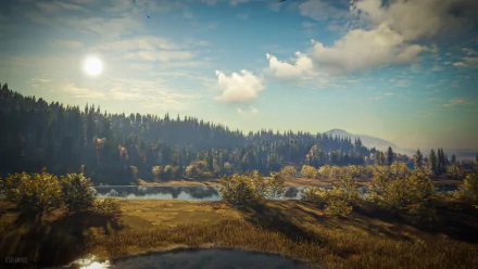 A 4K Ultra HD landscape from theHunter: Call of The Wild video game, showcasing a serene nature scene with a river, dense forest, and a partly cloudy sky.