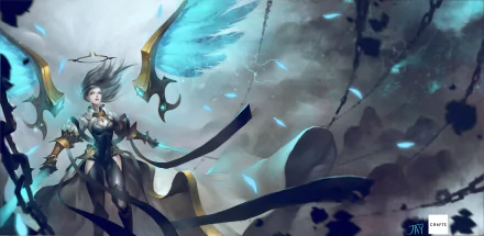 Anime-style original artwork of a winged warrior with glowing blue feathers, set against a stormy, dark background, rendered in 4K Ultra HD for PC desktop wallpaper.