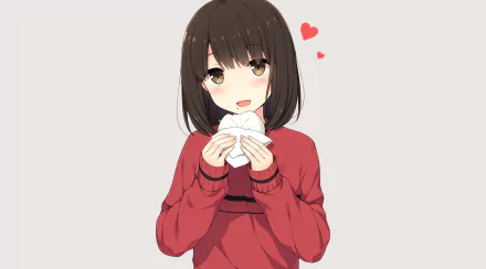 HD PC desktop wallpaper featuring Megumi Katō from the anime Saekano: How to Raise a Boring Girlfriend, smiling softly with hearts nearby on a light background.