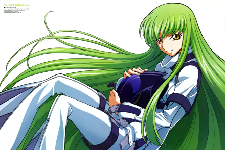 C.C. from Code Geass with long green hair and intense yellow eyes, depicted in anime style on a 4K Ultra HD PC desktop wallpaper and background.