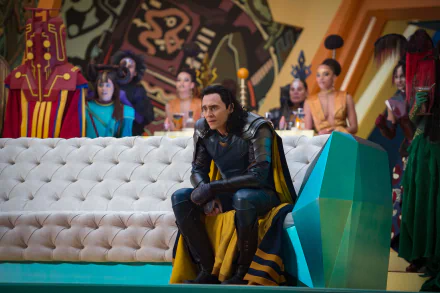 Loki (Tom Hiddleston) from Marvel's Thor: Ragnarok sits on a futuristic couch, surrounded by colorful characters, in this HD desktop wallpaper and background.