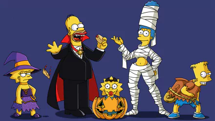 The Simpsons family dressed in Halloween costumes—Lisa as a witch, Homer as a vampire, Maggie inside a jack-o'-lantern, Marge as a mummy, and Bart as a knight.