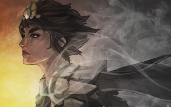 Portrait of Taliyah (League of Legends) with short hair and wind-swept cloak, stylized 2K Quad HD PC desktop wallpaper from the video game.
