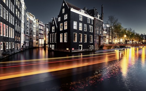 Man Made Amsterdam Cities Netherlands City Night Time-Lapse Building House Canal HD Wallpaper | Background Image