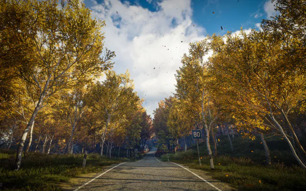 4K Ultra HD nature scene from theHunter: Call of The Wild video game, featuring a tree-lined road under a partly cloudy sky.