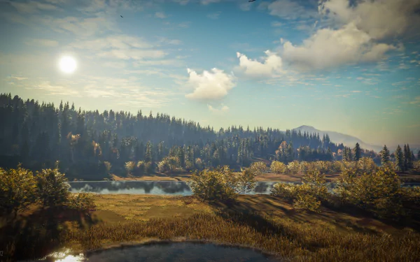 A 4K Ultra HD landscape from theHunter: Call of The Wild video game, showcasing a serene nature scene with a river, dense forest, and a partly cloudy sky.