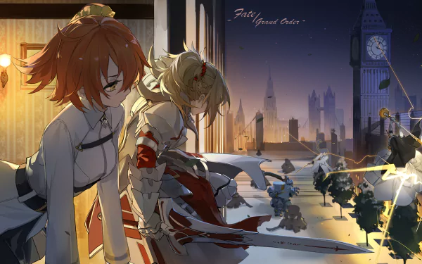 HD desktop wallpaper featuring Mordred, Fujimaru Ritsuka, and Frankenstein from Fate/Apocrypha and Fate/Grand Order, set against a vibrant cityscape with Big Ben in the background.