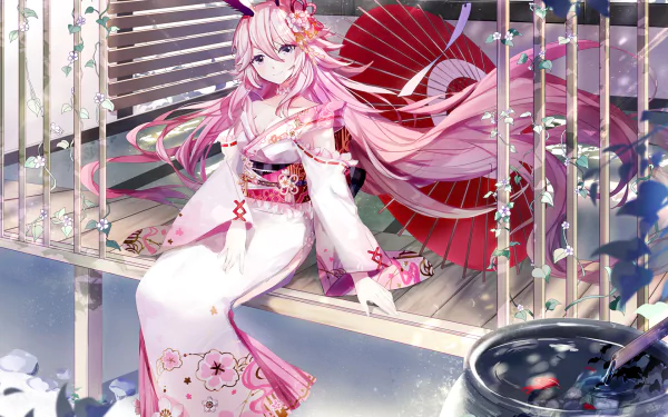 HD desktop wallpaper featuring Yae Sakura from Benghuai Xueyuan, an anime character, sitting gracefully on a porch wearing a flowing, pink floral kimono with a red parasol in the background.