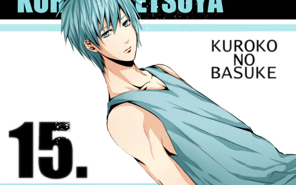 HD desktop wallpaper featuring Tetsuya Kuroko from the anime Kuroko's Basketball, showcasing his blue hair and basketball attire, with the number 15 and text Kuroko no Basuke displayed.