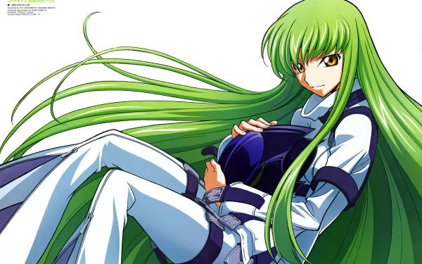 C.C. from Code Geass with long green hair and intense yellow eyes, depicted in anime style on a 4K Ultra HD PC desktop wallpaper and background.