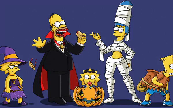 The Simpsons family dressed in Halloween costumes—Lisa as a witch, Homer as a vampire, Maggie inside a jack-o'-lantern, Marge as a mummy, and Bart as a knight.