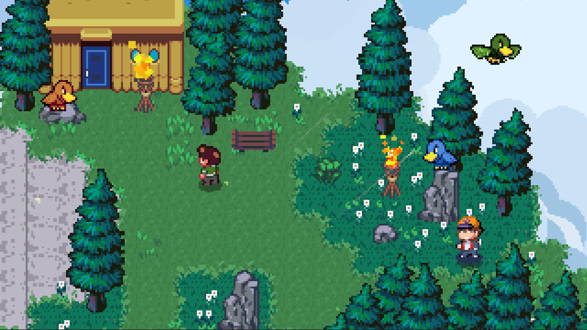 HD desktop wallpaper from Golf Story featuring pixel art of characters on a golf course with trees and wildlife.