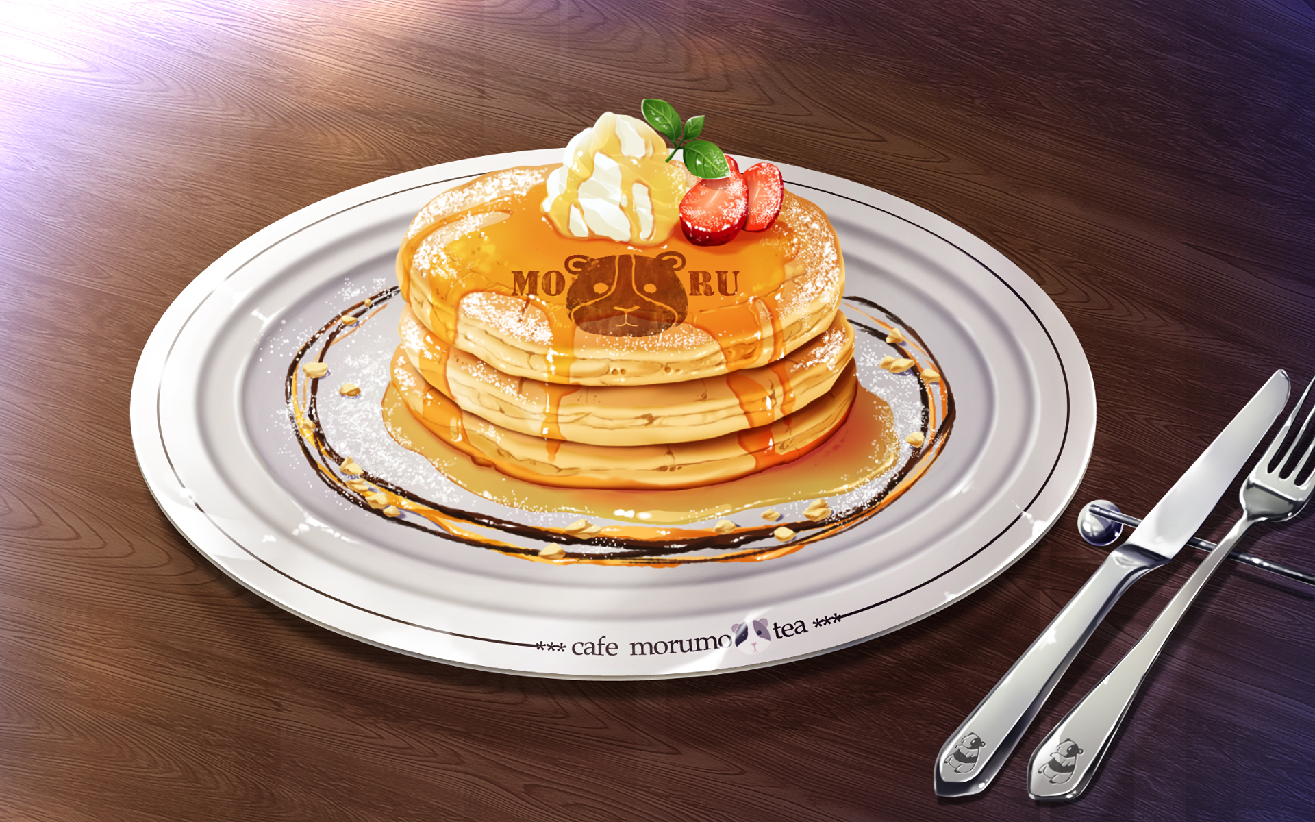 HD desktop wallpaper of an anime-style illustration featuring a stack of pancakes topped with butter, syrup, whipped cream, and strawberries on a fancy plate, with utensils on a wooden table.