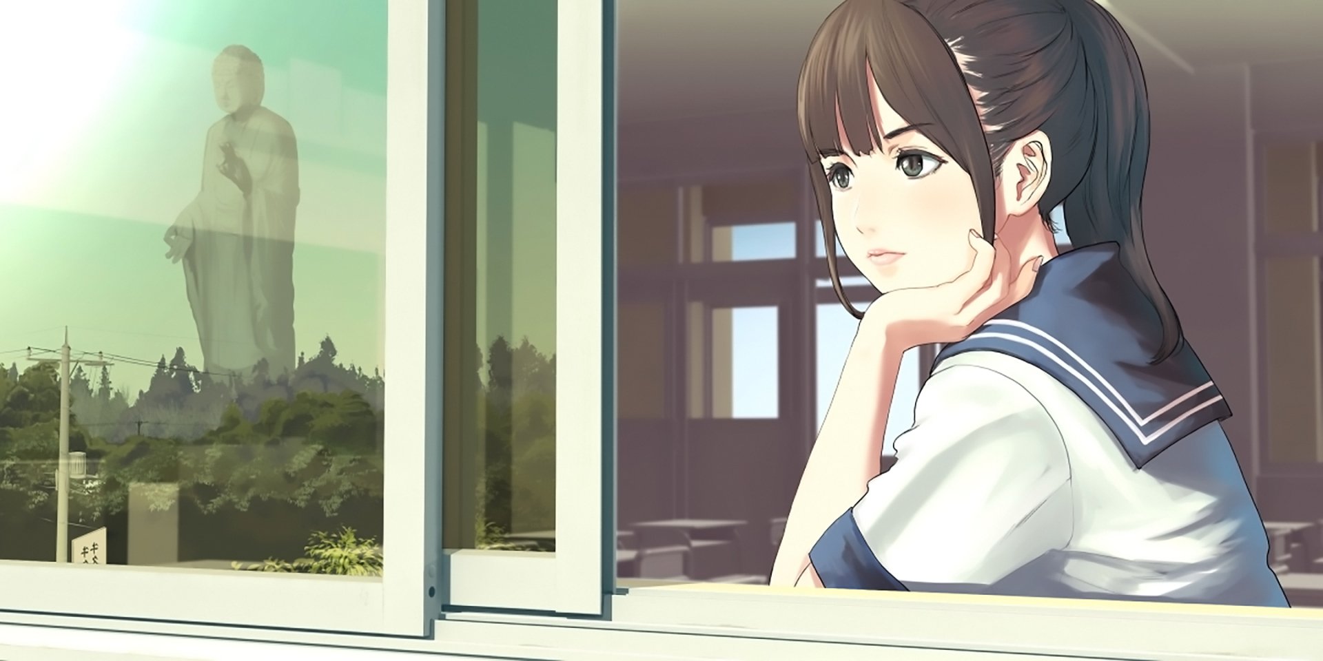 HD anime desktop wallpaper depicting a thoughtful anime girl in a school uniform looking out of a window with a blurred statue and greenery outside.