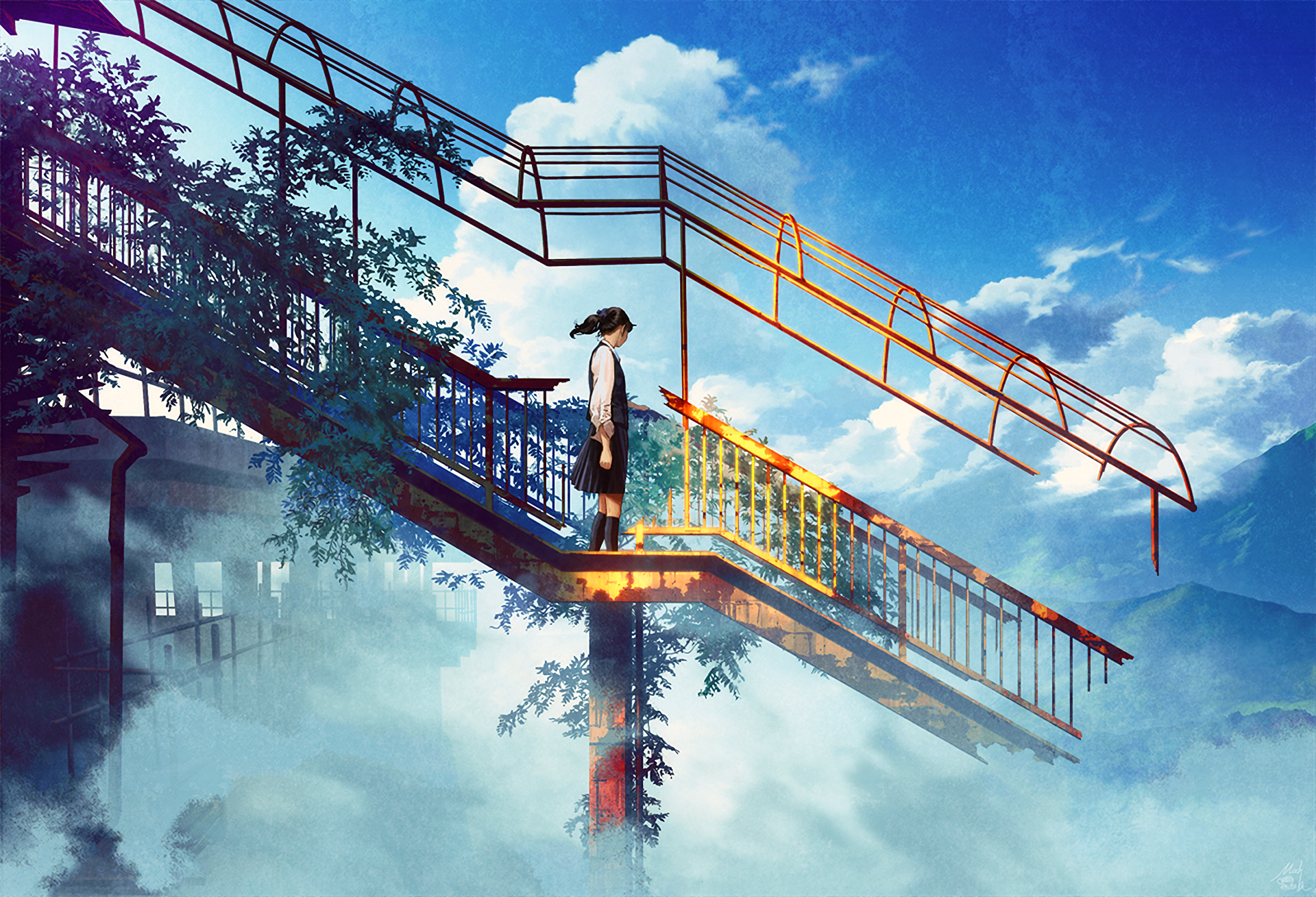 An anime girl in a school uniform with a ponytail stands on a staircase surrounded by clouds and bright blue sky. The image serves as a high-definition desktop wallpaper and background.