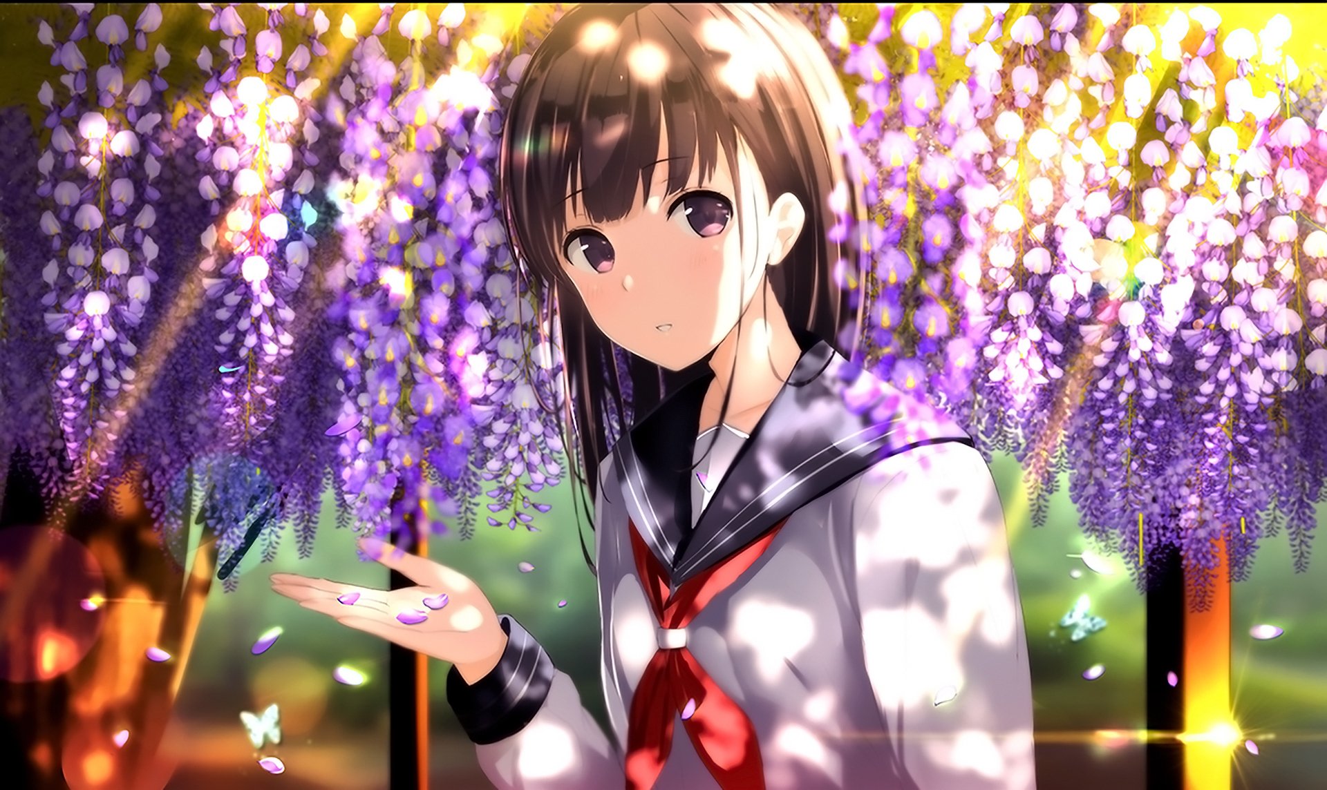 HD desktop wallpaper featuring an original anime girl in a school uniform, under a canopy of purple wisteria flowers, with sun rays filtering through.