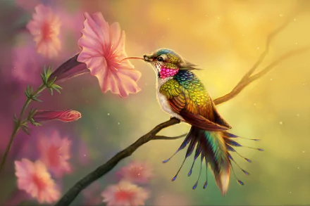 A colorful, fantasy hummingbird drinks nectar from a flower in this HD desktop wallpaper and background.