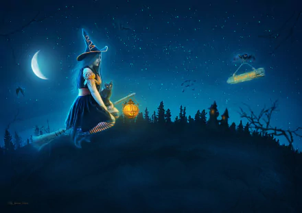 A 4K Ultra HD Halloween holiday wallpaper of a witch girl holding a lantern on a hill under a crescent moon with a flying broom and starry night sky.