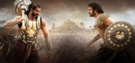 Two warriors from Baahubali 2: The Conclusion face off against a backdrop of a grand empire. HD desktop wallpaper.