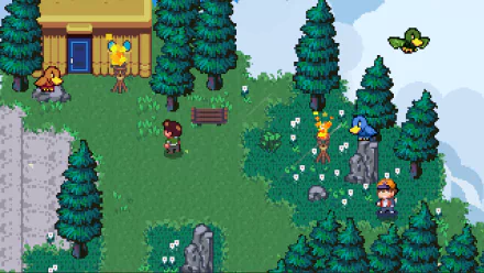 HD desktop wallpaper from Golf Story featuring pixel art of characters on a golf course with trees and wildlife.