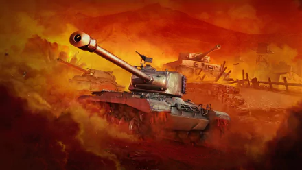 HD PC desktop wallpaper featuring IS-7, Tiger I, and M46 Patton tanks from the World of Tanks video game, set against a dramatic, fiery battlefield background.