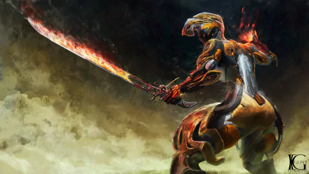 HD PC desktop wallpaper featuring a fiery warrior from the video game Warframe wielding a blazing sword, set against a smoky, dramatic background.