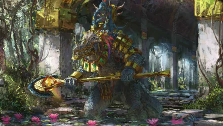 HD fantasy warrior reptile stands poised with a large axe in a mystical, ancient ruin surrounded by water and glowing pink lotus flowers, blending strength and otherworldly power.