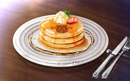 HD desktop wallpaper of an anime-style illustration featuring a stack of pancakes topped with butter, syrup, whipped cream, and strawberries on a fancy plate, with utensils on a wooden table.
