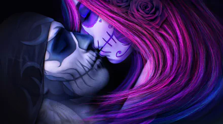 A romantic, artistic HD desktop wallpaper featuring a couple in sugar skull makeup sharing a kiss, embodying the Day of the Dead theme. The vibrant image showcases rich purple and pink hues.