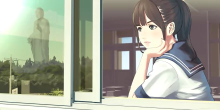 HD anime desktop wallpaper depicting a thoughtful anime girl in a school uniform looking out of a window with a blurred statue and greenery outside.