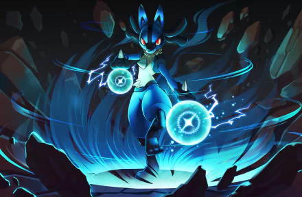 HD wallpaper and background featuring Lucario, a Pokémon from the popular video game series, surrounded by a vibrant aura and poised in a powerful stance.