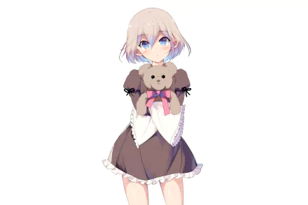 Original anime-style illustration of a girl with short blonde hair holding a teddy bear, rendered in 4K Ultra HD for PC desktop wallpaper and background.