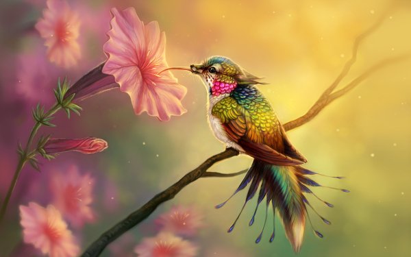 Fantasy Bird Fantasy Animals Hummingbird Creature Colorful Flower HD Wallpaper | Background Image