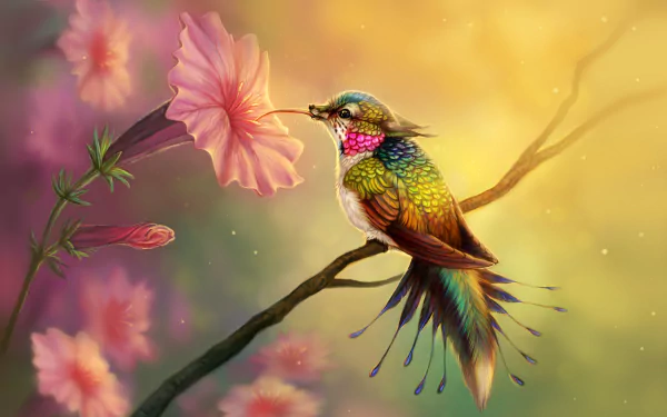 A colorful, fantasy hummingbird drinks nectar from a flower in this HD desktop wallpaper and background.