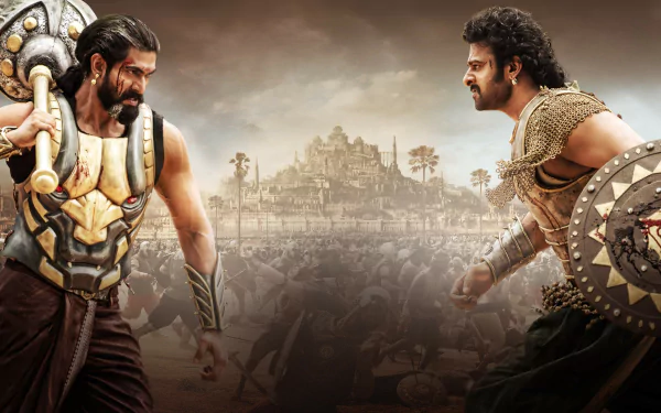 Two warriors from Baahubali 2: The Conclusion face off against a backdrop of a grand empire. HD desktop wallpaper.