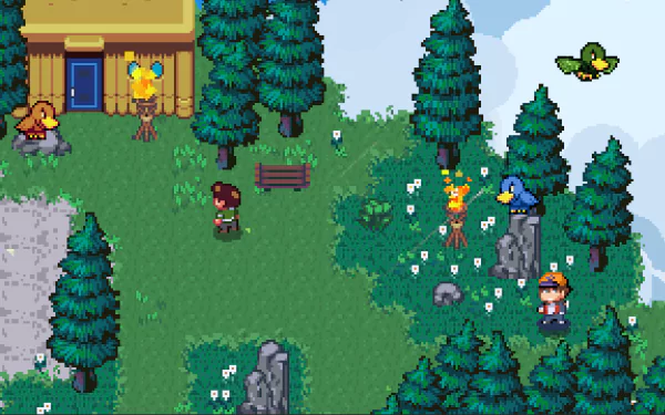 HD desktop wallpaper from Golf Story featuring pixel art of characters on a golf course with trees and wildlife.