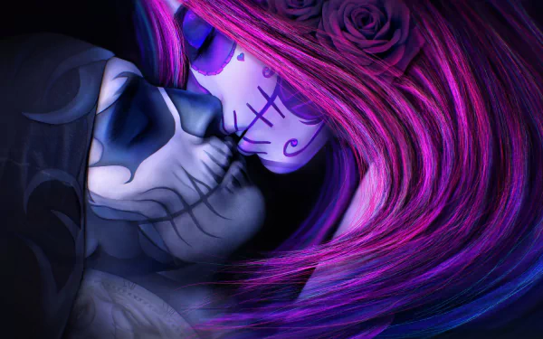 A romantic, artistic HD desktop wallpaper featuring a couple in sugar skull makeup sharing a kiss, embodying the Day of the Dead theme. The vibrant image showcases rich purple and pink hues.