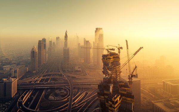 Man Made Dubai Cities United Arab Emirates City Skyscraper Highway Sunset Fog Building HD Wallpaper | Background Image