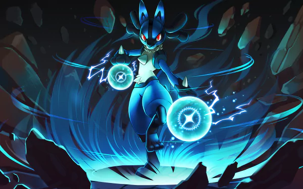 HD wallpaper and background featuring Lucario, a Pokémon from the popular video game series, surrounded by a vibrant aura and poised in a powerful stance.