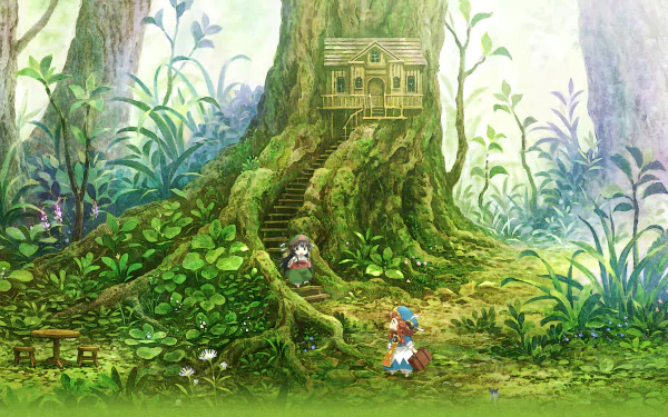 HD anime desktop wallpaper from Hakumei to Mikochi featuring a large treehouse with two tiny characters in a lush, detailed forest setting.