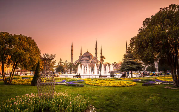 blue mosque park Istanbul Turkey fountain religious Sultan Ahmed Mosque HD Desktop Wallpaper | Background Image